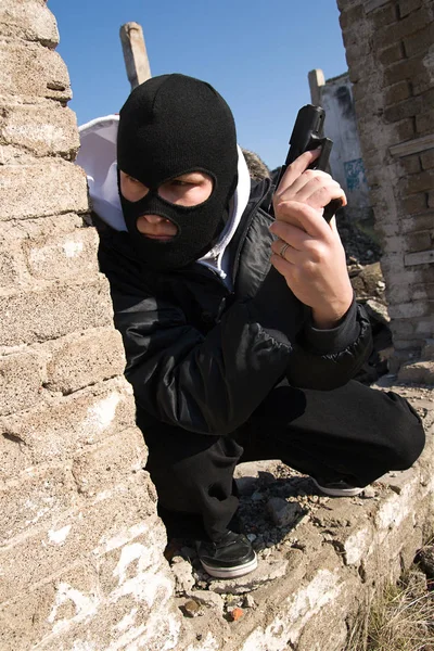 Armed Criminal Man Targeting Semi Automatic Pistol — Stock Photo, Image