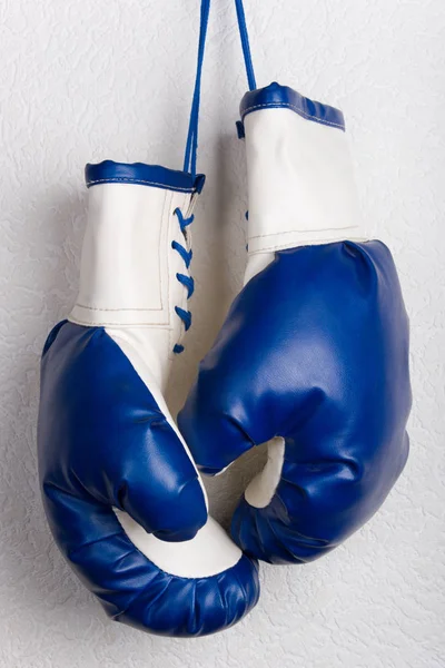 Lederen Bokshandschoenen Muur Hangen Wit Blauwe Boxer Handschoenen Pair Combative — Stockfoto