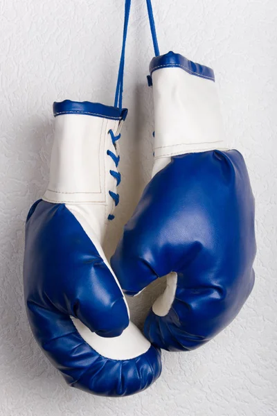 Guanti Boxe Pelle Appesi Parete Guanti Boxer Bianchi Blu Attrezzature — Foto Stock