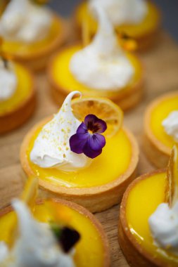 Narenciye ile lezzetli bisküvi tart ve krem yemek. İtalyan pasta Cafe menü öğesini kapatın. Restoranda taze pişmiş tatlı tadını çıkarın. Küçük tatlı dekoratif kek closeup çekim 