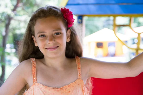 Cute Little Schoolgirl Playground Summer Day — Stock Photo, Image