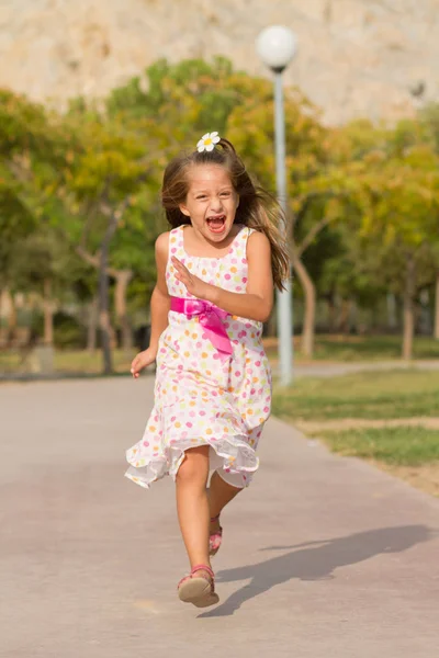 Cute Little Girl Running Park Bright Summer Day — Stock Photo, Image