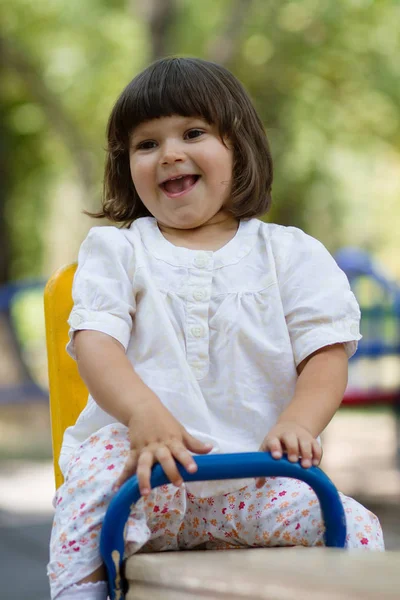 Little White Girl Having Fun Playground Bright Summer Day — Stock Photo, Image