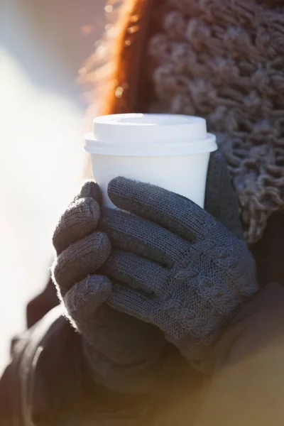 Woman Hold Clean White Paper Coffee Mug Hands Girl Holding — Stock Photo, Image