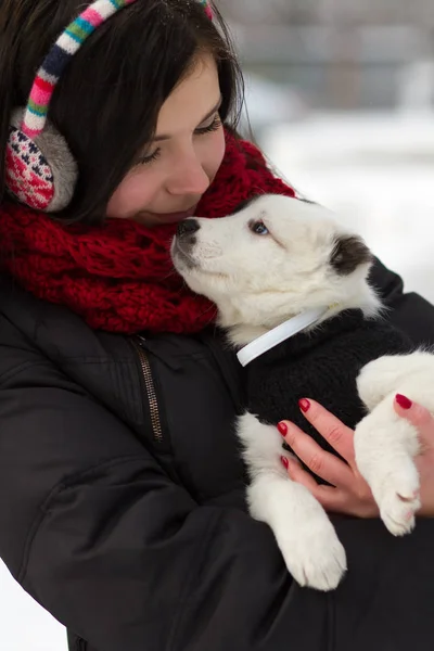 Jonge Giel Spelen Met Grappige Pug Puppy Sneeuw — Stockfoto