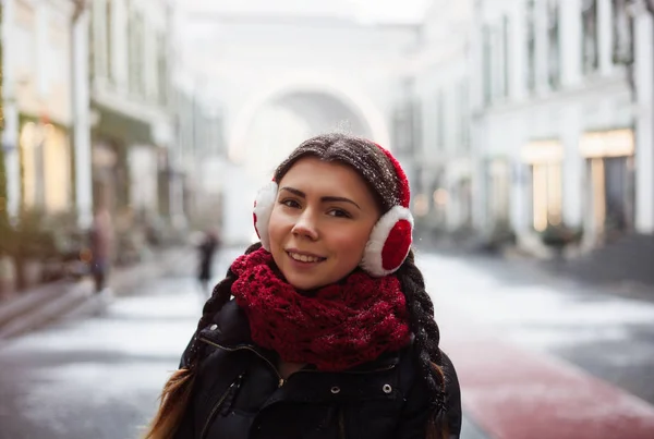 Pretty Young Pug Nosed Girl Warm Winter Headphones — Stock Photo, Image