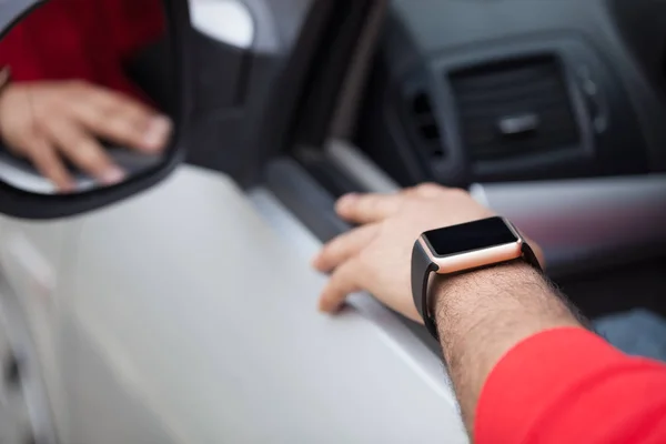 Hand African Model Wearing Modern Smart Wrist Watch Sitting Car — Stock Photo, Image