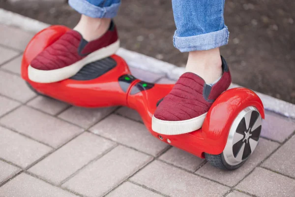 Girl Shoes Riding Modern Red Electric Mini Segway — Stock Photo, Image