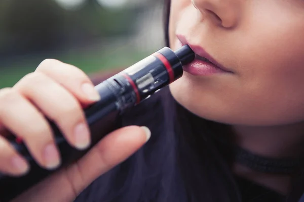 Portrait Young Vaper Girl Smoking Glycerin Juice Liquid Trendy Cig — Stock Photo, Image