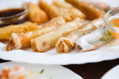 Egzotik Vietnam gıda restoran menü kapatın. Geleneksel Asya yemeği beyaz tabakta. Kızarmış karides deniz ürünleri ve acı sos ile böreği