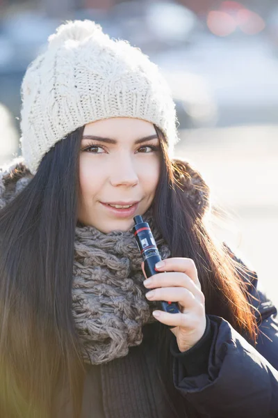 Portrait Happy White Girl Vaping Outdoor Cold Winter Day Young — стоковое фото