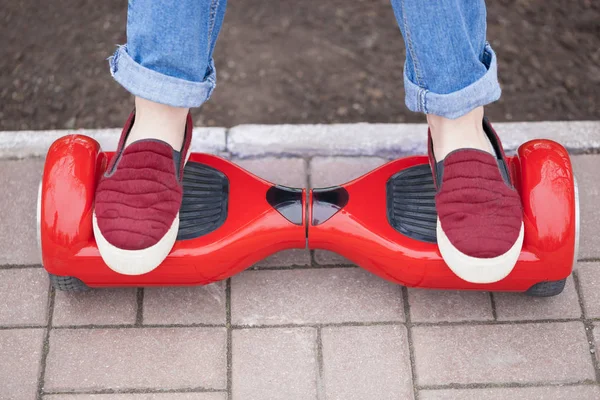 Feet Gir Marsala Shoes Riding Modern Red Electric Mini Segway — Stock Photo, Image