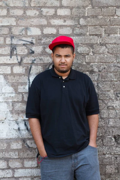 Young Black Man Posing Grey Brick Wall His Block — Stock Photo, Image