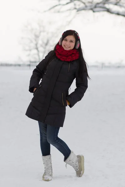 Kulak Tıkacı Aydınlık Kış Günü Bir Yürüyüş Üzerinde Çekici Genç — Stok fotoğraf