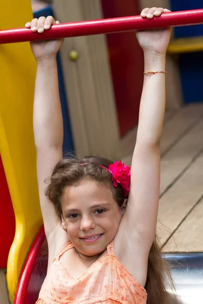 Cute Little Schoolgirl Playground Summer Day — Stock Photo, Image