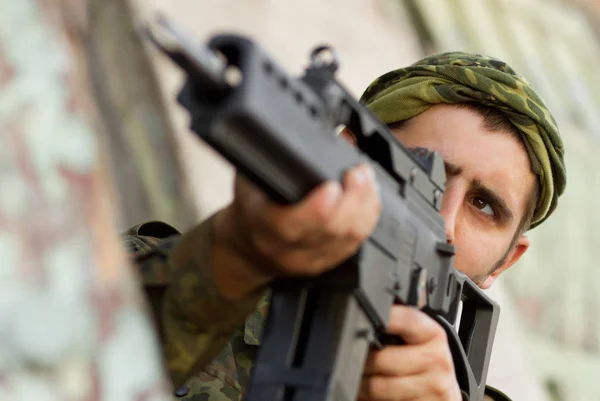 Soldier Automatic G36 Rifle Aiming His Target — Stock Photo, Image