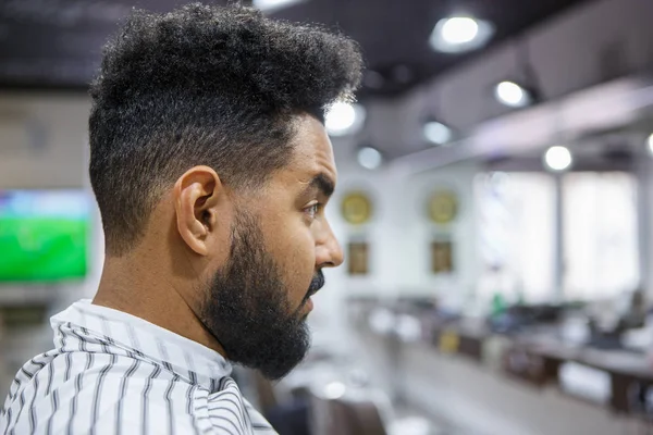 Portrait of handsome young black with unshaven beard sitting covered with blanket in barbershop waiting for barber to cut him new haircut and trim mustach hair.Male beauty treatment concept
