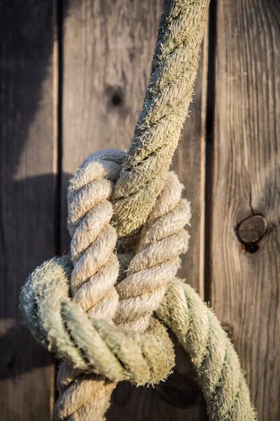 Sağlam ve güvenilir deniz düğüm su tekne güçlü tutar. Güvenlik ve bağlantı kavramı. Motorlu tekne, küçük gemi İskelesi güçlü deniz iple bağlı