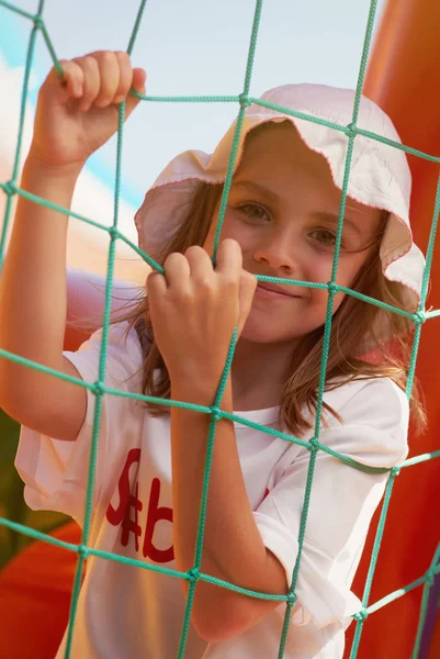 Pretty Young Girl Posing Bouncing Castle Bright Sunny Day Beautiful — Stock Photo, Image