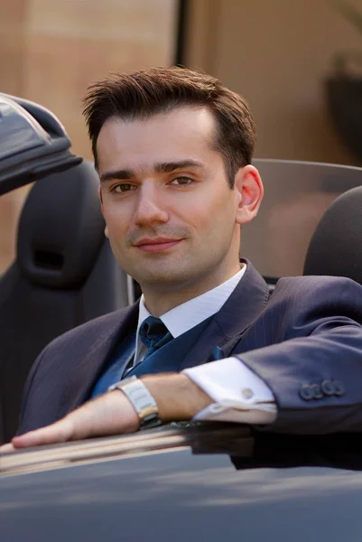 Attractive Young Businessman Sitting His Posh Cabrio — Stock Photo, Image