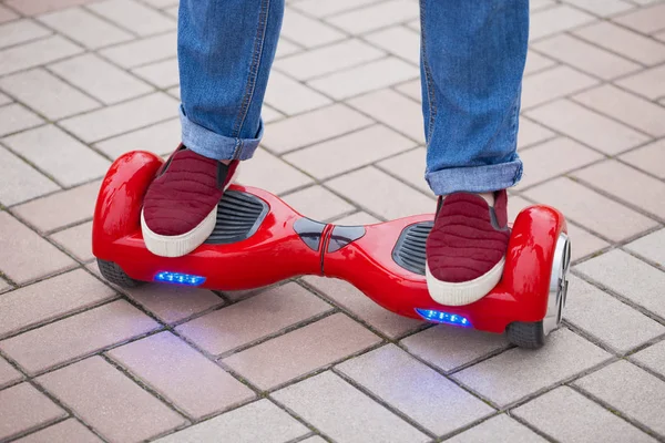 Feet Girl Riding Modern Red Electric Mini Segway Hover Board — Stock Photo, Image