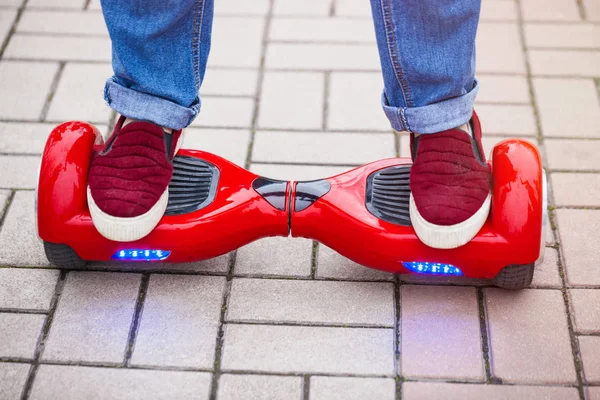 Feet Woman Riding Modern Red Electric Mini Segway Hover Board — Stock Photo, Image