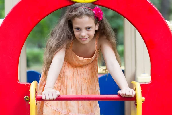 Cute Little Schoolgirl Playground Summer Day — Stock Photo, Image