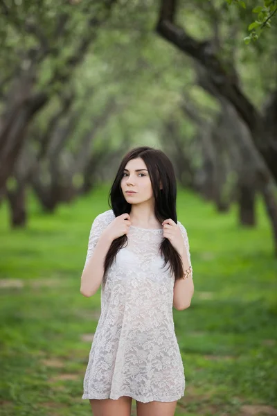 Hermosa Mujer Joven Vestido Corto Posando Parque Verde Con Hierba —  Fotos de Stock