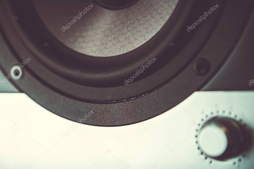 Professional loudspeaker diffusor close up.High quality sound recording studio technology.Analog Hifi audio equipment for professional use.Listen to music in hi-fi.Closeup on speaker box