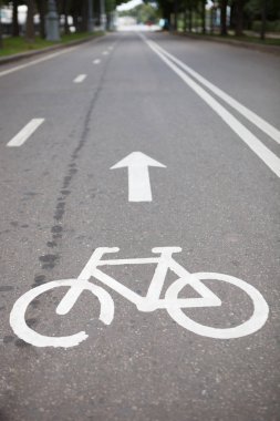 Parkta Bisiklete binme lane. Bisiklet sembolü asfaltta boyalı. Ekolojik ve sağlıklı kentsel ulaşım üzerinde binme bisiklet yolu Seaparate. Güvenli bir şekilde geçiş yapmak