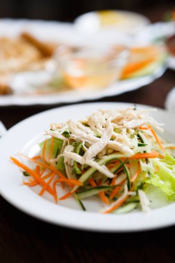 Egzotik Vietnam gıda restoran menü kapatın. Geleneksel Asya yemeği beyaz tabakta. Beyaz haşlanmış tavuk eti, yeşil salatalık ve havuç dilimlenmiş