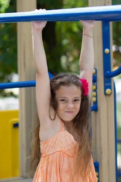 Cute Little Schoolgirl Playground Summer Day — Stock Photo, Image