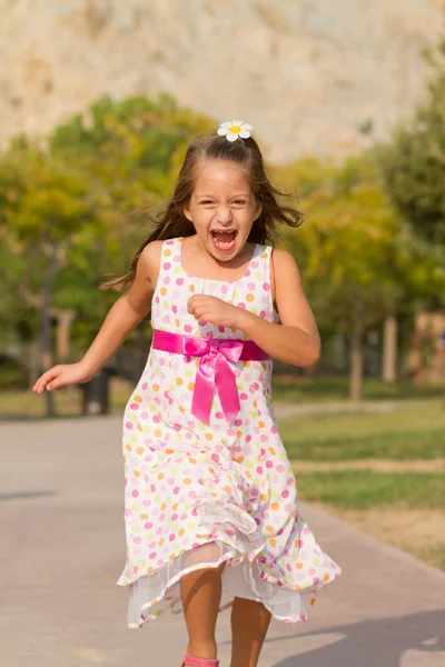 Cute Little Girl Running Park Bright Summer Day — Stock Photo, Image