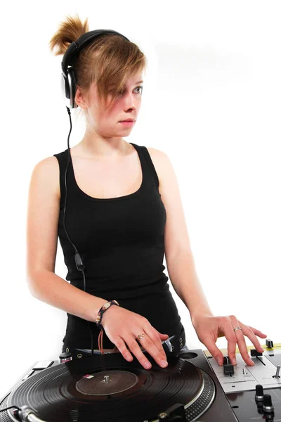 Teeange Girl Scratching Record Turntable — Stock Photo, Image