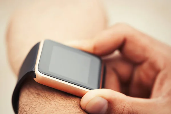 Hands African Black Man Wearing Trendy Smart Watch Modern Gadget — Stock Photo, Image