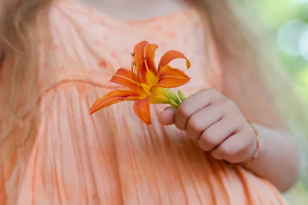 可爱的小女孩与橙色莉莉在她手中的花 — 图库照片