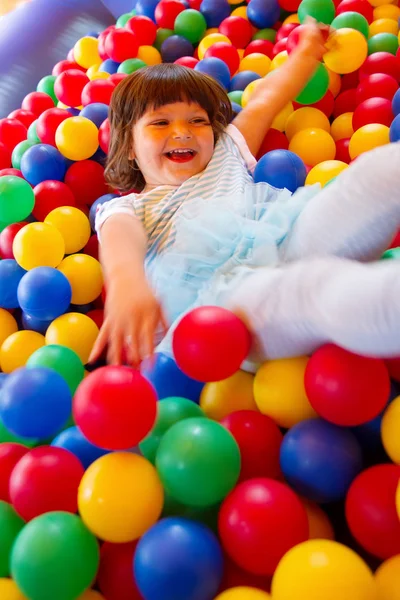 Little White Girl Having Fun Bouncing Castle Bright Summer Day — Stock Photo, Image