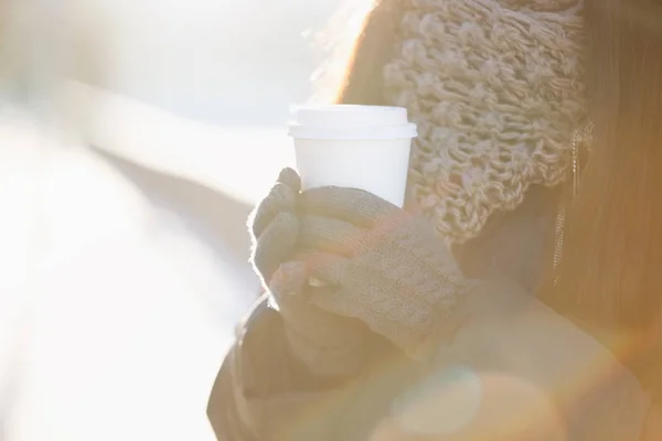 Woman Hold Warming Coffee Drink Hands Girl Warm Winter Clothes — Stock Photo, Image