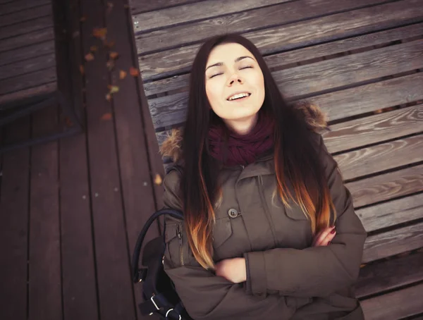 Portrait Young Hipster Girl Wearing Grey Parka Coat Marsala Scarf — Stock Photo, Image