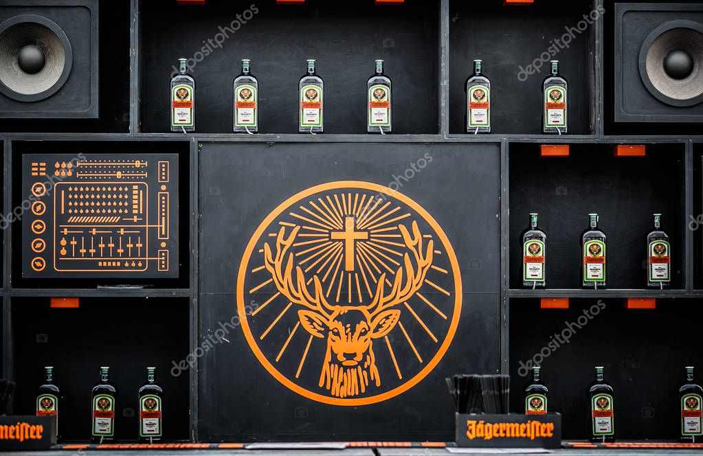 ODESSA - 23 AUGUST, 2017: Jagermeister alcohol drinks in bar. Summer festival restaurant interior
