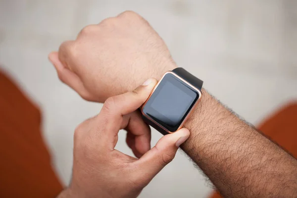 Hands African Black Man Wearing Trendy Smart Watch Modern Gadget — Stock Photo, Image