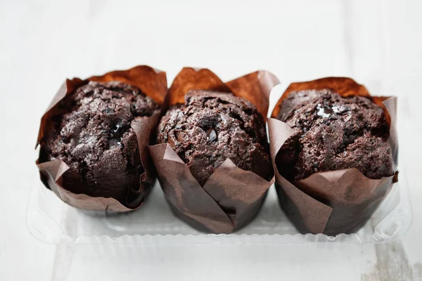 Plastovou Dózu Třemi Čerstvé Pečené Čokoládové Muffiny Košíčky Sladký Ořechový — Stock fotografie