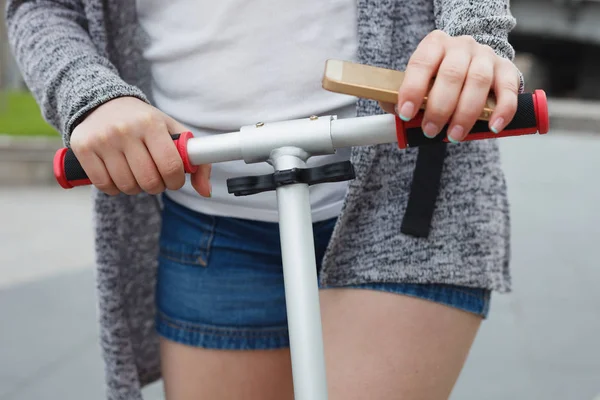 Young Woman Riding Scooter Outdoors Day Focus Hands Holding Bar — Stock Photo, Image