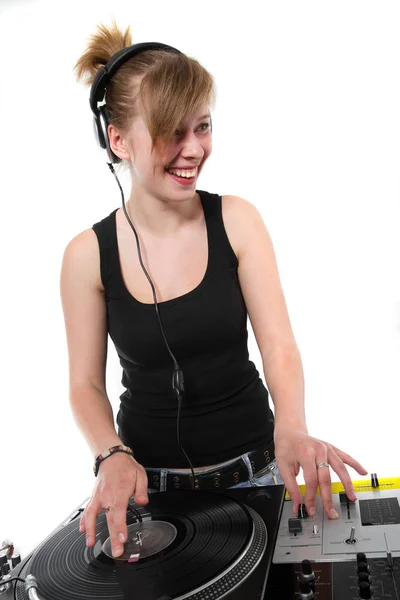 Teenager Mädchen Spielt Musik Von Einer Schallplatte — Stockfoto