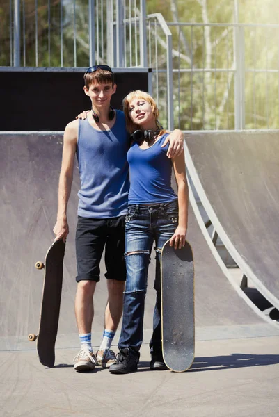 Young Punk Skaters Boards Wireless Headphones Posing Outdoors Cool Kids — Stock Photo, Image