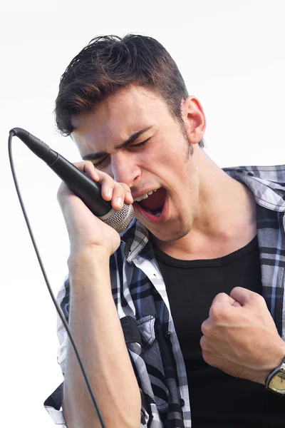 Young Rocker Singing Expressive Isolated Overexposed White Sky Outdoors — Stock Photo, Image