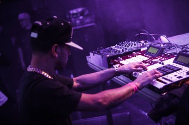 MOSCOW - MARCH, 7: Famous hip-hop producer Abraham Orellana aka Araabmuzik playing live concert in Moscow, Russia on 7 March 2015 clipart