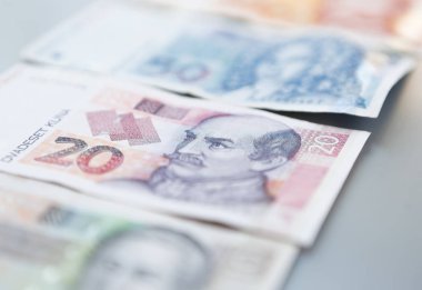 Yüz Hırvat Kunası kağıt para Ulusal. Dalmaçya bölge banknotlar atış kapatmak. 