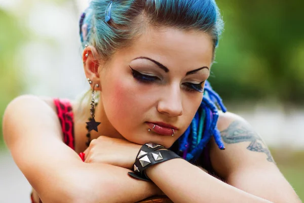 Sad Beautiful Punk Girl Sitting Outdoors — Stock Photo, Image