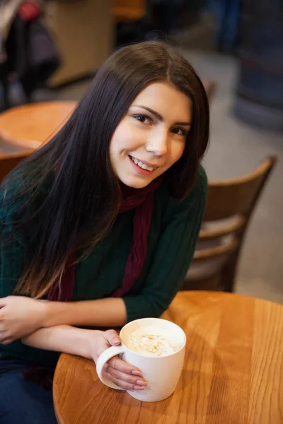 Young Beautiful Girl Enjoying Huge Mug Coffee Cafe — Stock Photo, Image